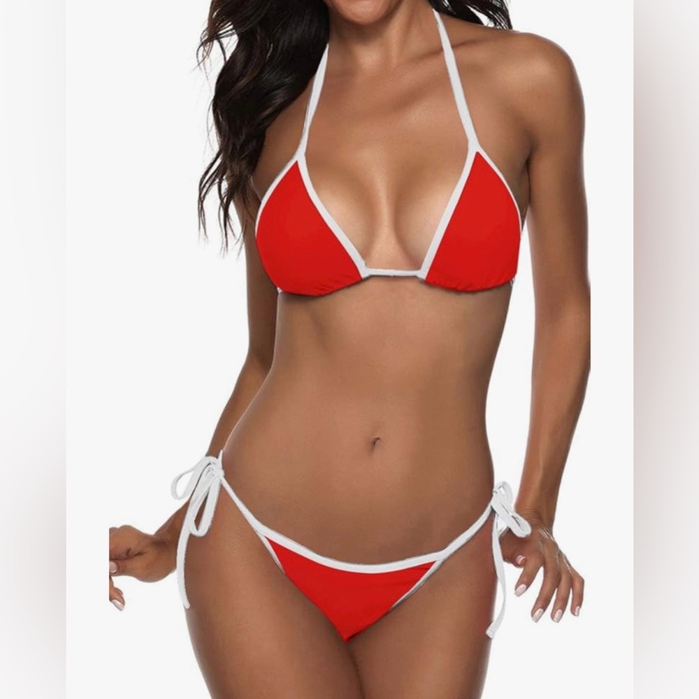 Chic Red and White Halter Bikini Set